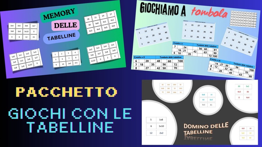 Pacchetto per giocare con le tabelline - memory, domino e tombola