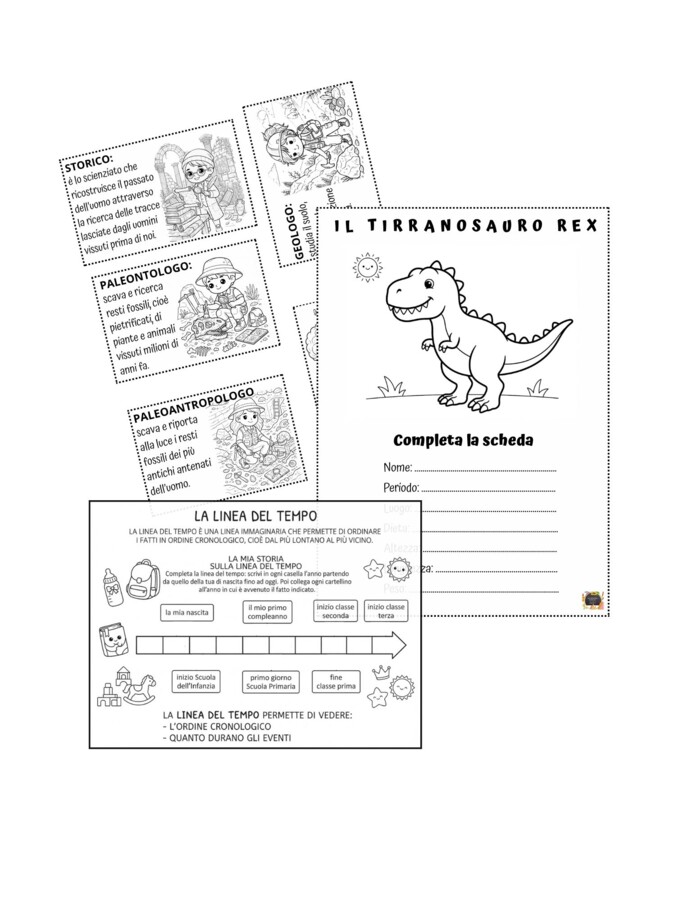 QUADERNO DI STORIA per la classe 3^ con kit di schede sui dinosauri, linea del tempo e ominidi