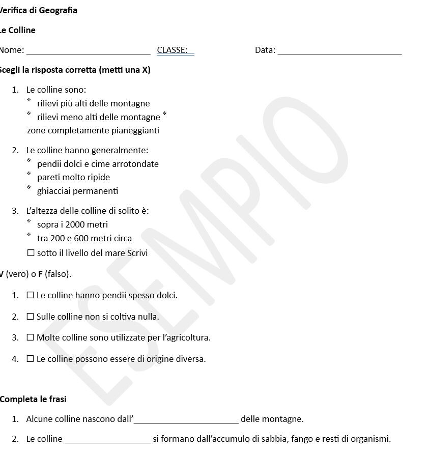 Verifica collina scuola primaria