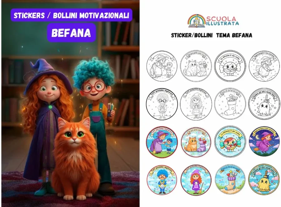 Sticker della Befana – Bollini Motivazionali Educativi Illustrati