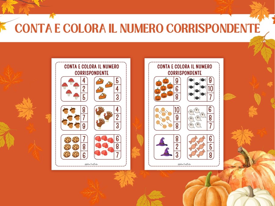 Schede Autunnali Conteggio Matematica per Infanzia e Prima Elementare | Attività Numeri 1–10 | Schede Didattiche Stampabili, Giochi Matematici, Conta e Collega, Conta e Colora, I SPY Autunno, Early Algebra, No Prep (5-7 anni)