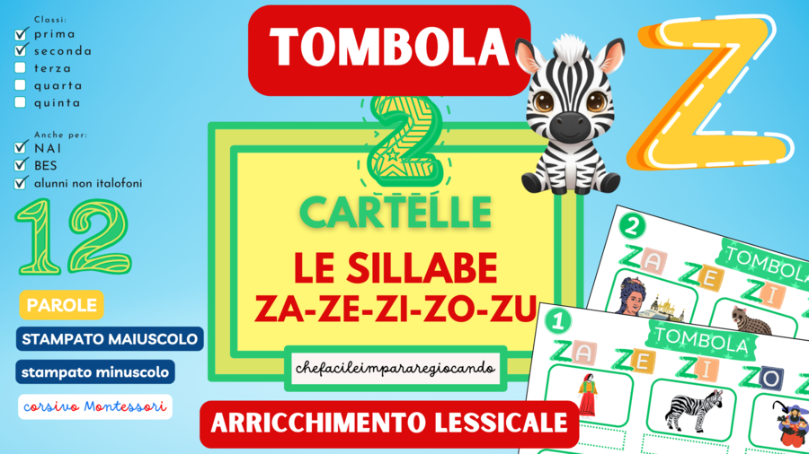 SILLABE ZA ZE ZI ZO ZU – TOMBOLA PAROLE – CLASSI PRIMA E SECONDA – ANCHE PER NAI E BES