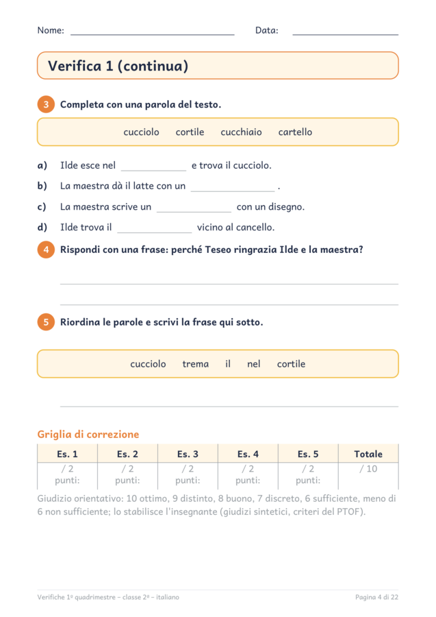 Verifiche primo quadrimestre classe seconda: italiano
