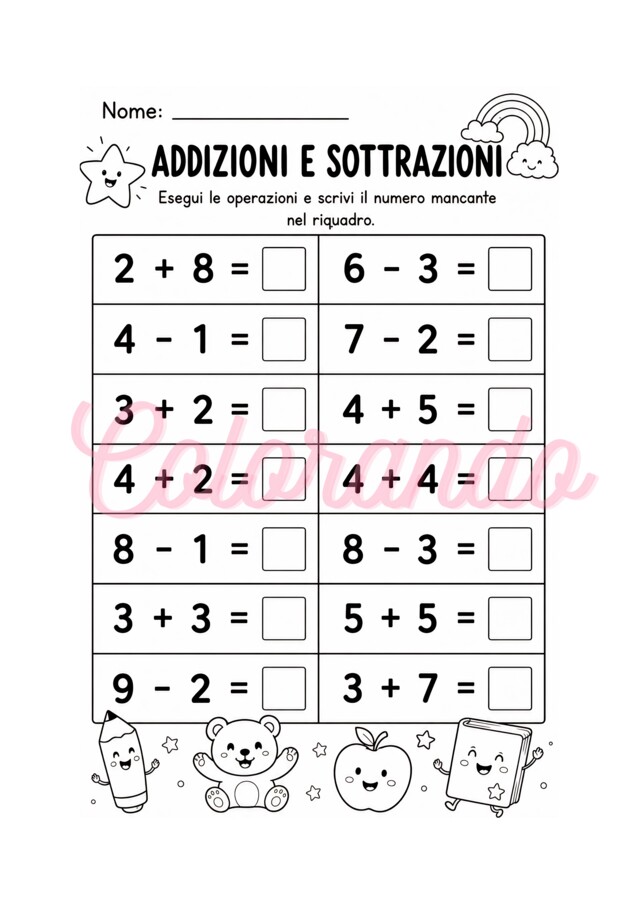 7 Schede di Addizioni e Sottrazioni entro il 20 – Prima e seconda Elementare (con personaggi divertenti)