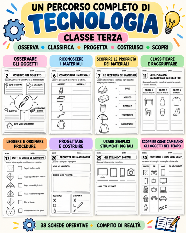 TECNOLOGIA CLASSE TERZA – Oggetti, Materiali, Funzioni e Progetti | 38 Schede Operative + Compito di Realtà+Soluzioni