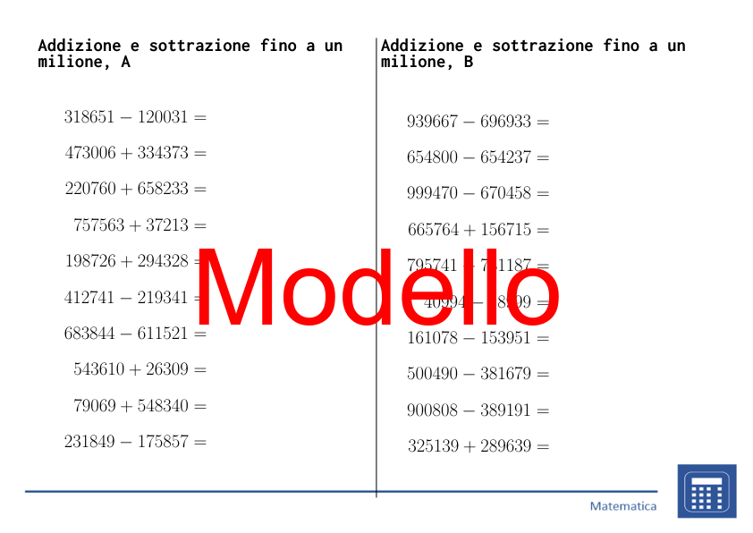 Addizione e sottrazione fino a un milione | matematica | 26 colonne