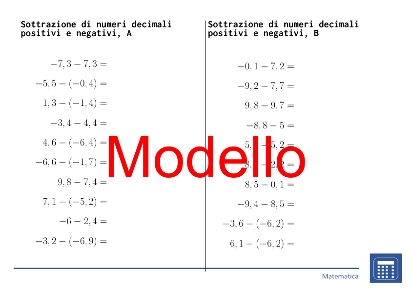 Sottrazione di numeri decimali positivi e negativi | matematica | 26 colonne