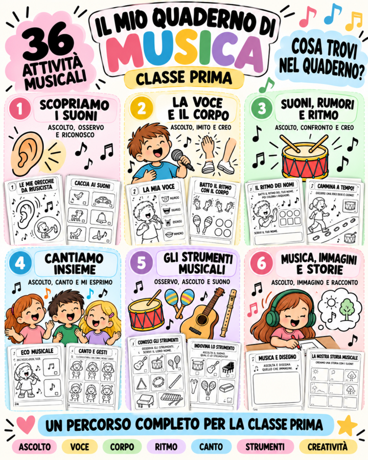Il mio quaderno di musica – Classe prima | 36 attività musicali pronte da stampare