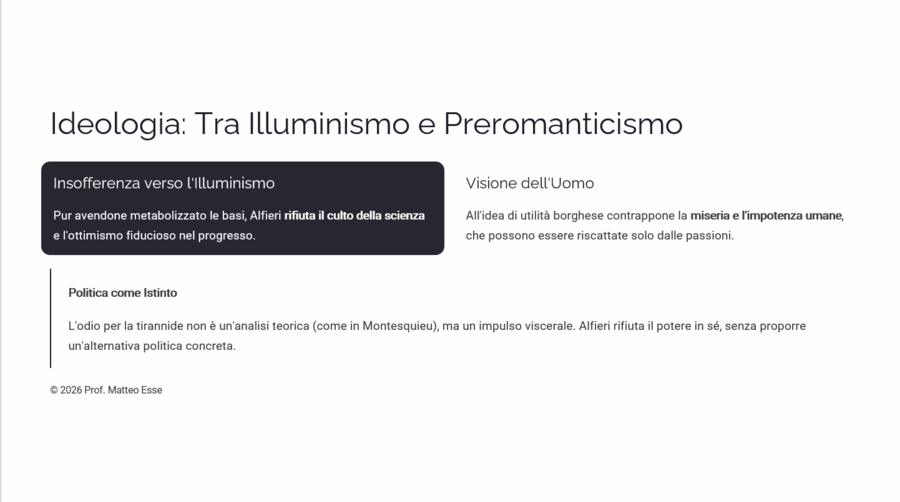Vittorio Alfieri: Modulo Didattico Completo (24 Slide + Verifica + Soluzioni)