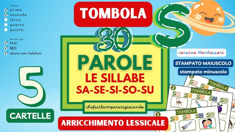 SILLABE SA SE SI SO SU – TOMBOLA PAROLE – CLASSI PRIMA E SECONDA – ANCHE PER NAI E BES
