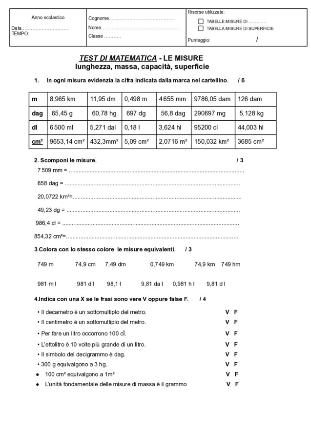 LE MISURE. TEST DI MATEMATICA CLASSE 5 CN AUTOVALUTAZIONE