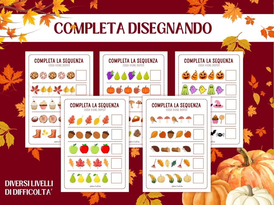Pacchetto Attività di Logica Autunnali - Pattern | Sequenze e Ritmi | Infanzia e Prima Elementare (4-6 anni) | Early Algebra, Completa il Ritmo, Disegni dell'Autunno, Stampabile No Prep