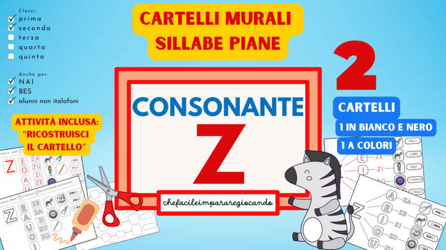 LE SILLABE ZA ZE ZI ZO ZU - CARTELLI MURALI - SCHEDE OPERATIVE