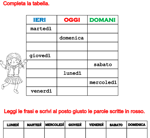 SCHEDA GIORNI DELLA SETTIMANA