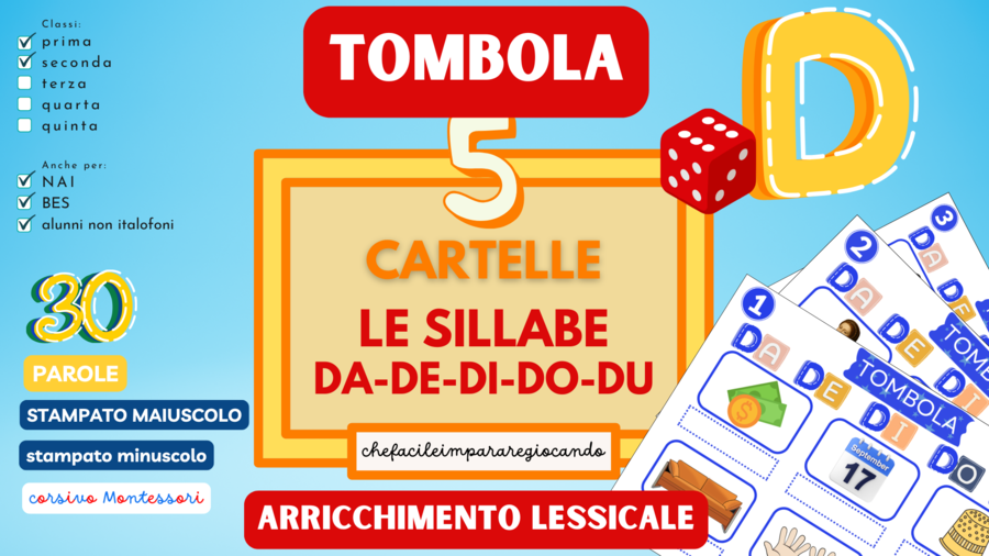 SILLABE DA DE DI DO DU – TOMBOLA PAROLE – CLASSI PRIMA E SECONDA – ANCHE PER NAI E BES