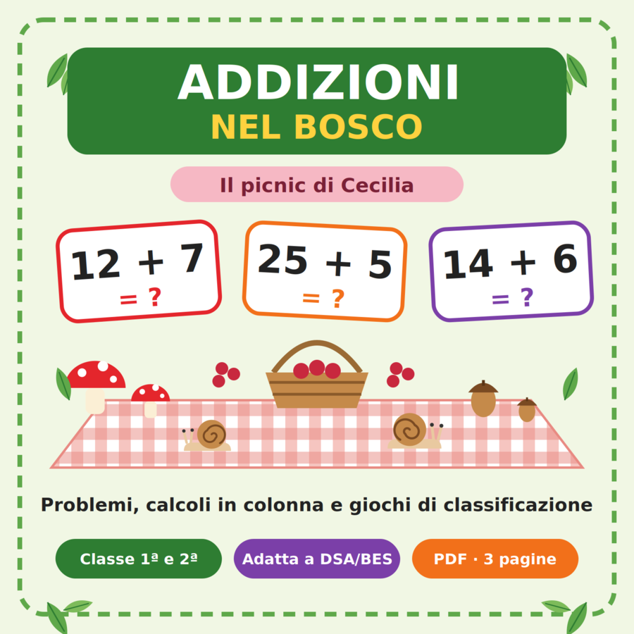 Addizioni nel bosco: il picnic di Cecilia, schede di matematica per la primaria