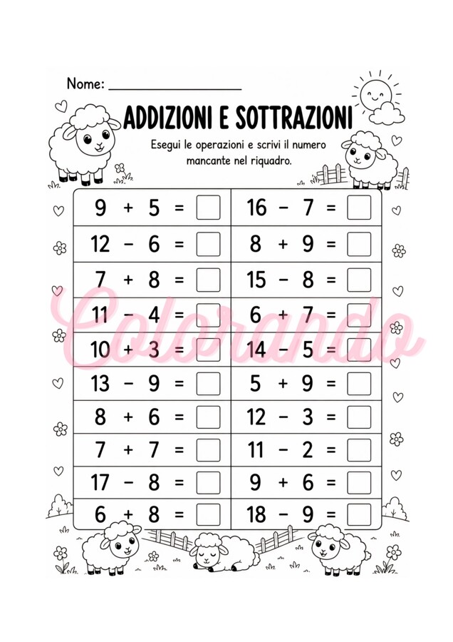 7 Schede di Addizioni e Sottrazioni entro il 20 – Prima e seconda Elementare (con personaggi divertenti)