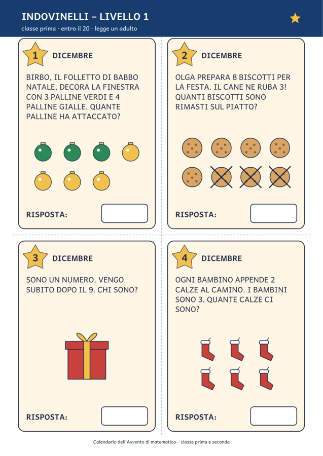 Calendario dell'Avvento di matematica classe prima e seconda