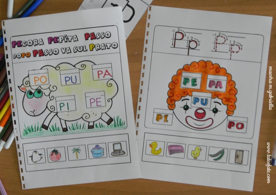Lettera P creativa con Pecora e Pagliaccio