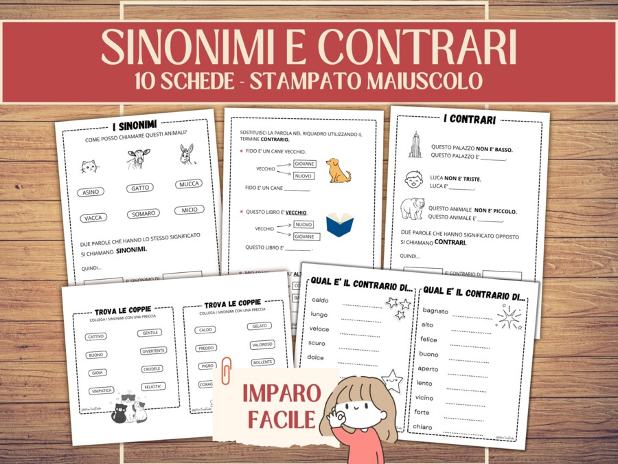 10 Schede Sinonimi e Contrari in Stampato Maiuscolo | Esercizi di Arricchimento Lessicale e Frasi | Risorse semplificate | Scuola Primaria (PDF Stampabile No Prep)