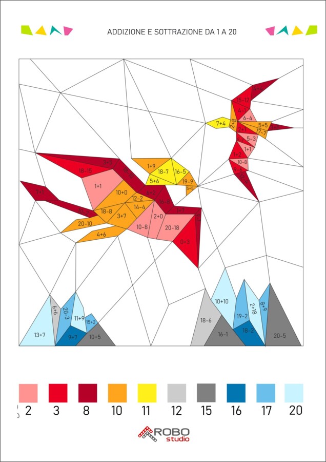 Colorazione matematica, addizione e sottrazione da 1 a 20, giornata dei dinosauri, preistoria, matematica e arte, calcola e colora