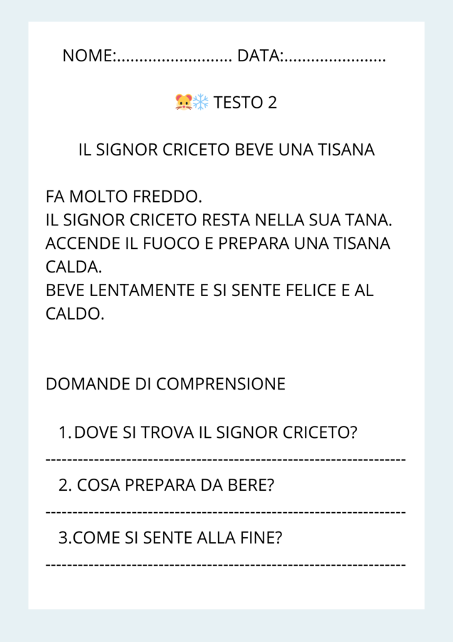 Signor criceto e l'inverno. Lettura e comprensione Italiano