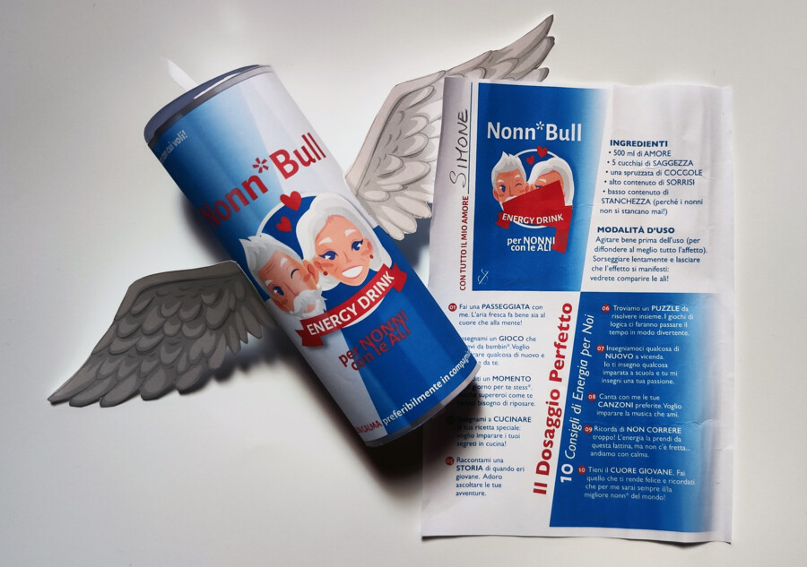 "NONN*BULL EnergyDrink per nonni con le ali" - Lattina + Ali + 3Cannucce