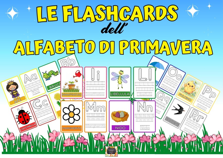 🌸🦋 KIT 42 FLASHCARDS DELL'ALFABETO DI PRIMAVERA illustrate per Pregrafismo -🦋🌸