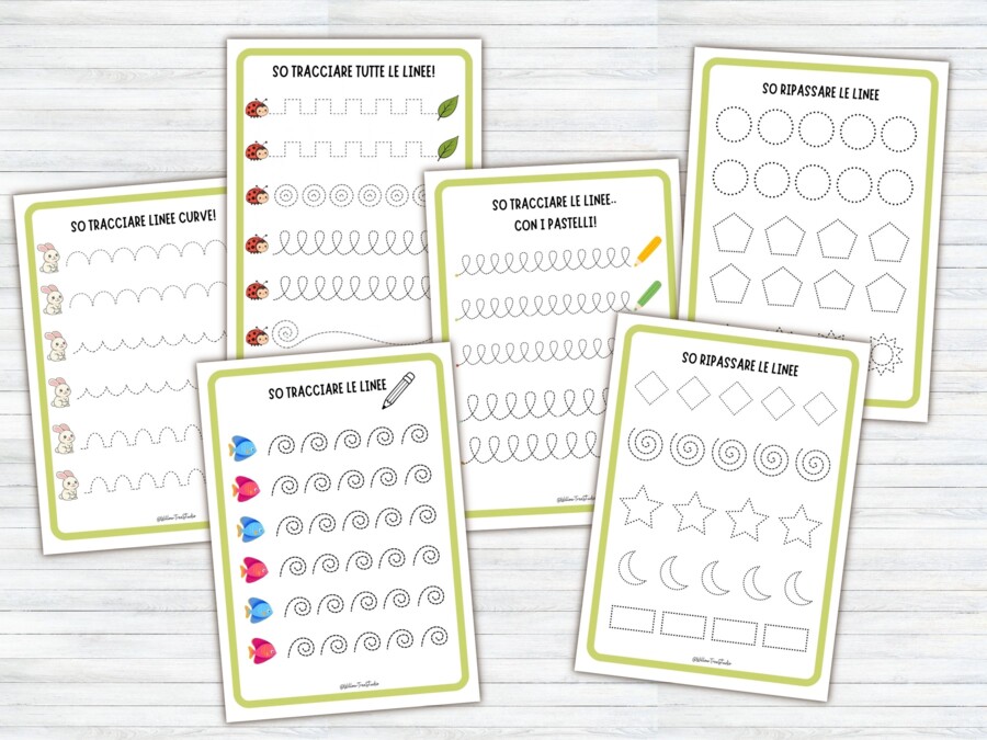 60 Schede di Pregrafismo e Tratteggio per Scuola Infanzia e Prima Elementare | Attività di Motricità Fine, Controllo della Matita e Disegni da Colorare | Prerequisiti Scrittura (PDF Stampabile No Prep)
