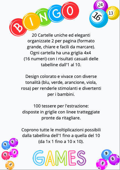 Bingo delle Tabelline (1-10) |- Gioco didattico da stampare - 20 cartelle + 100 tessere