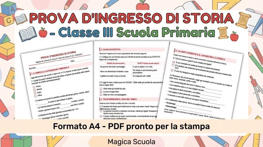 Prova d'Ingresso di Storia - Classe 3ª Primaria (PDF pronto per la stampa)