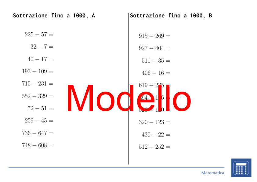 Sottrazione fino a 1000 | matematica | 26 colonne