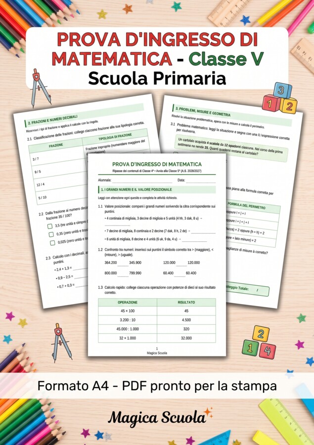 Prova d'Ingresso di Matematica - Classe 5ª Primaria (PDF pronto per la stampa)