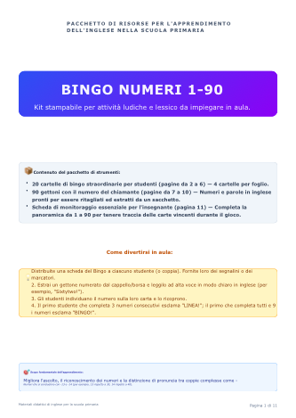 ENGLISH BINGO NUMBERS 1-90 - Kit gioco completo con 20 cartelle, gettoni e tabellone (Scuola Primaria)