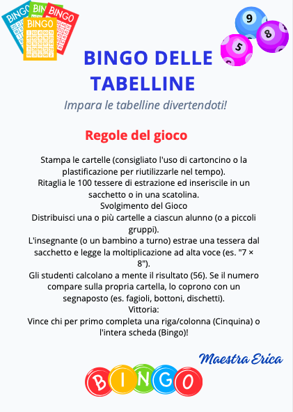 Bingo delle Tabelline (1-10) |- Gioco didattico da stampare - 20 cartelle + 100 tessere