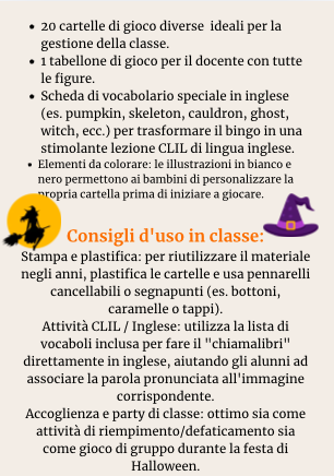 Bingo di Halloween per la Scuola Primaria (20 cartelle + tabellone + vocabolario)