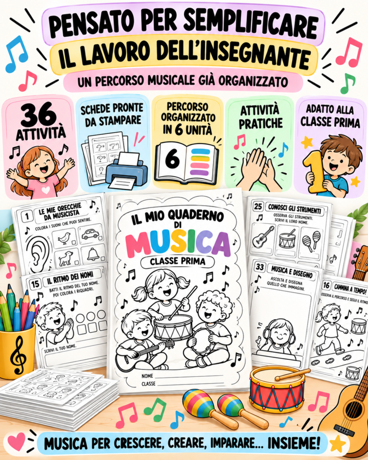 Il mio quaderno di musica – Classe prima | 36 attività musicali pronte da stampare