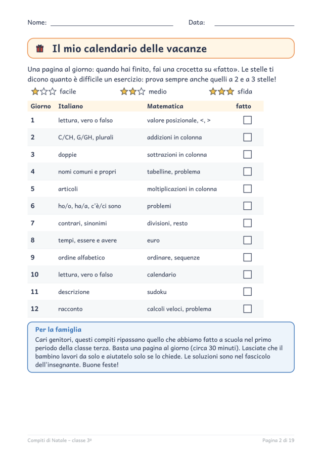 Compiti di Natale classe terza: italiano e matematica