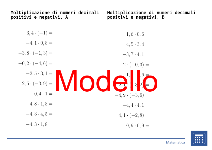 Moltiplicazione di numeri decimali positivi e negativi | matematica | 26 colonne