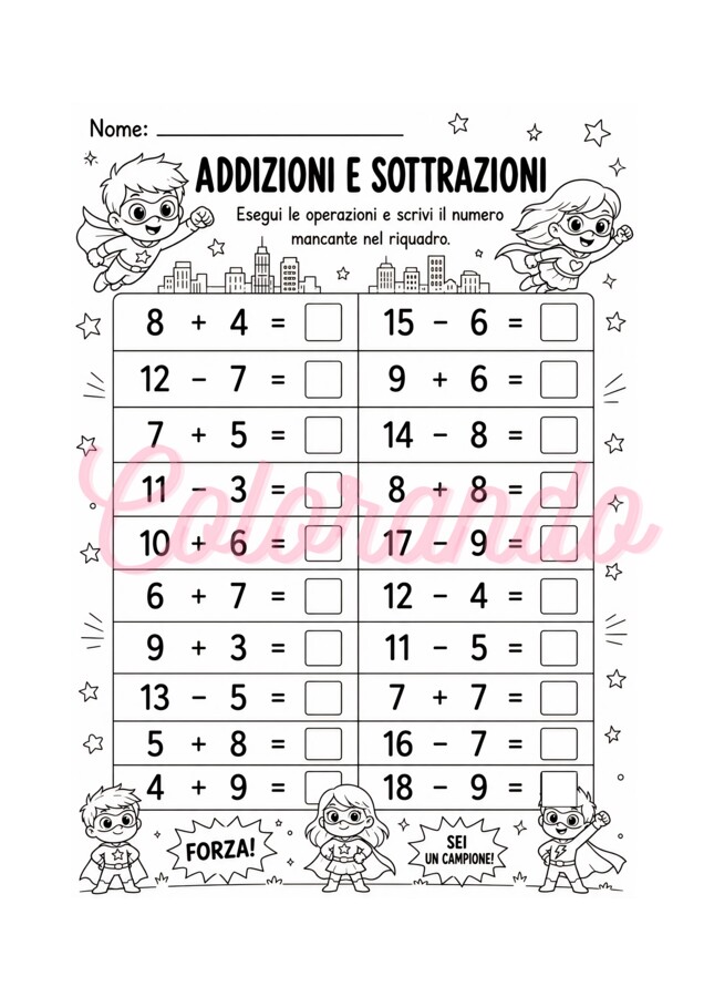7 Schede di Addizioni e Sottrazioni entro il 20 – Prima e seconda Elementare (con personaggi divertenti)
