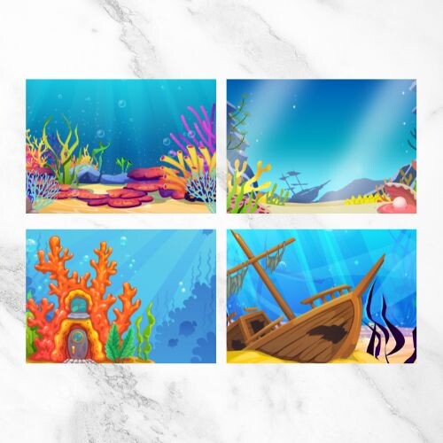 Gioco dei pesci e degli scenari - Taglia e incolla per bambini