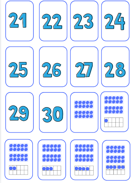 Flashcard dei numeri da 21 a 30