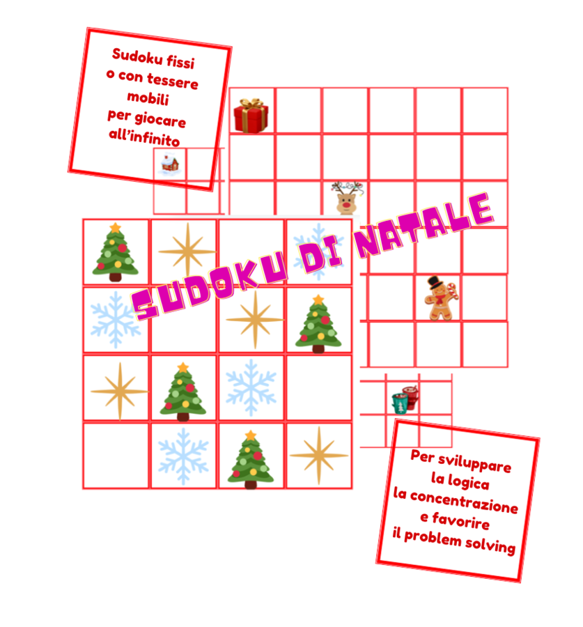 Sudoku di natale a difficoltà crescente, fissi o con tessere mobili-per tutte le classi