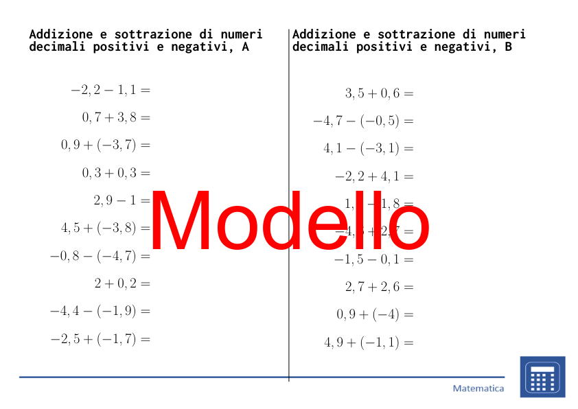 Addizione e sottrazione di numeri decimali positivi e negativi | matematica | 26 colonne