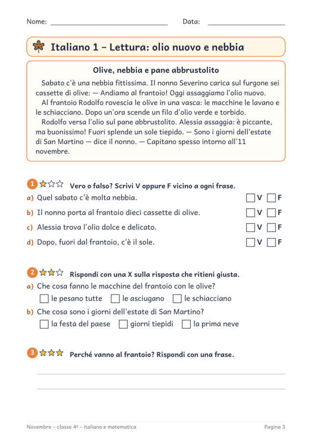 Novembre classe quarta: schede di italiano e matematica