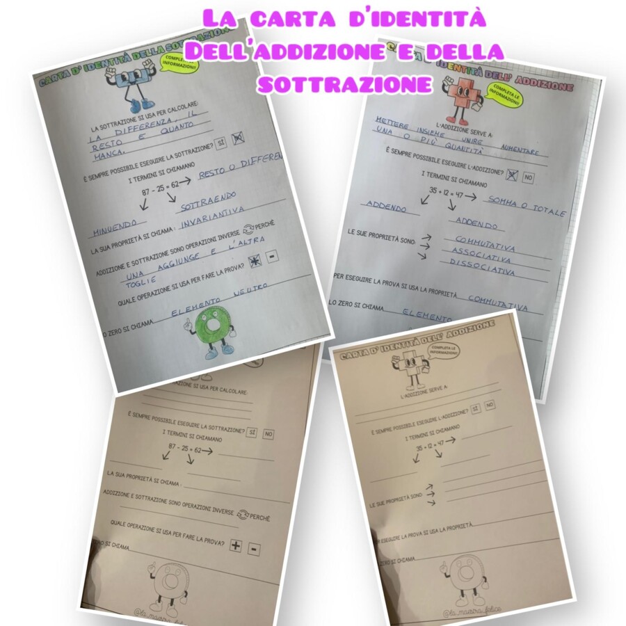 La carta d'identità dell'addizione e della sottrazione da completare