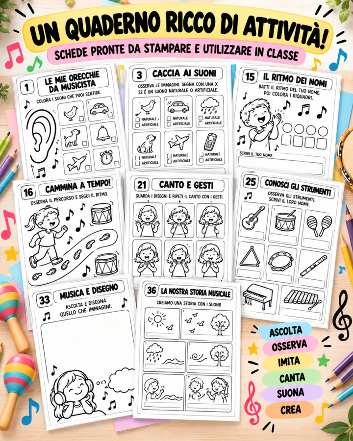 Il mio quaderno di musica – Classe prima | 36 attività musicali pronte da stampare