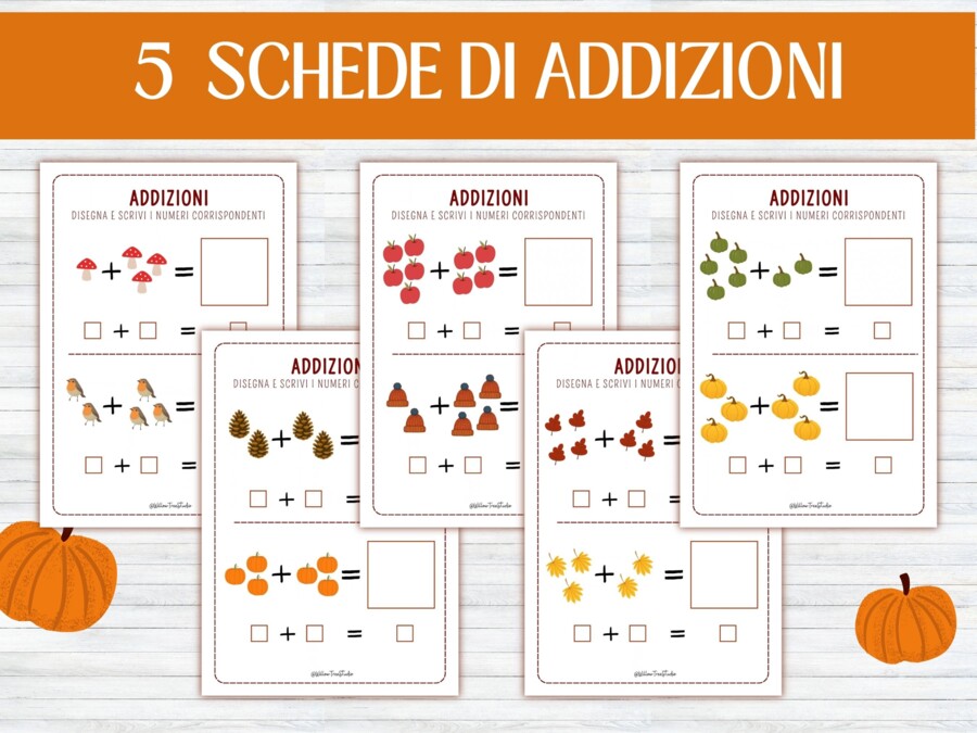 Schede Didattiche Matematica d'Autunno: Conteggio, Addizioni e Sottrazioni - pacchetto Precalcolo e Matematica Autunnale (15 Schede - Infanzia, Primaria e Sostegno/BES)