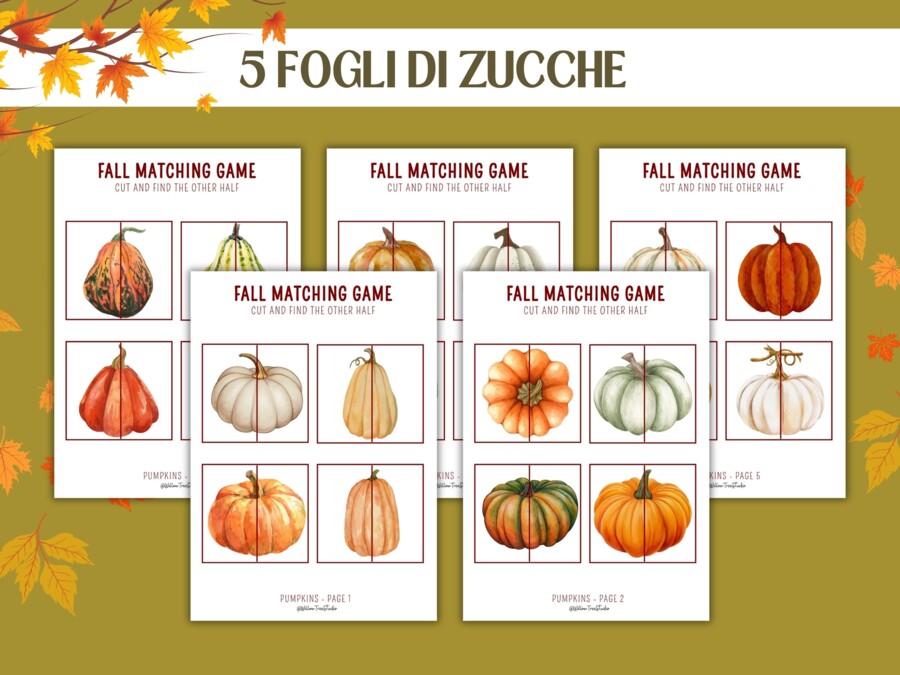 Gioco di Abbinamento Autunno: Ricomponi Zucche e Foglie a Metà | Carte e Puzzle 2 Pezzi per Scuola Infanzia e Sostegno - attività autunnale con foglie e zucche - attività di logica