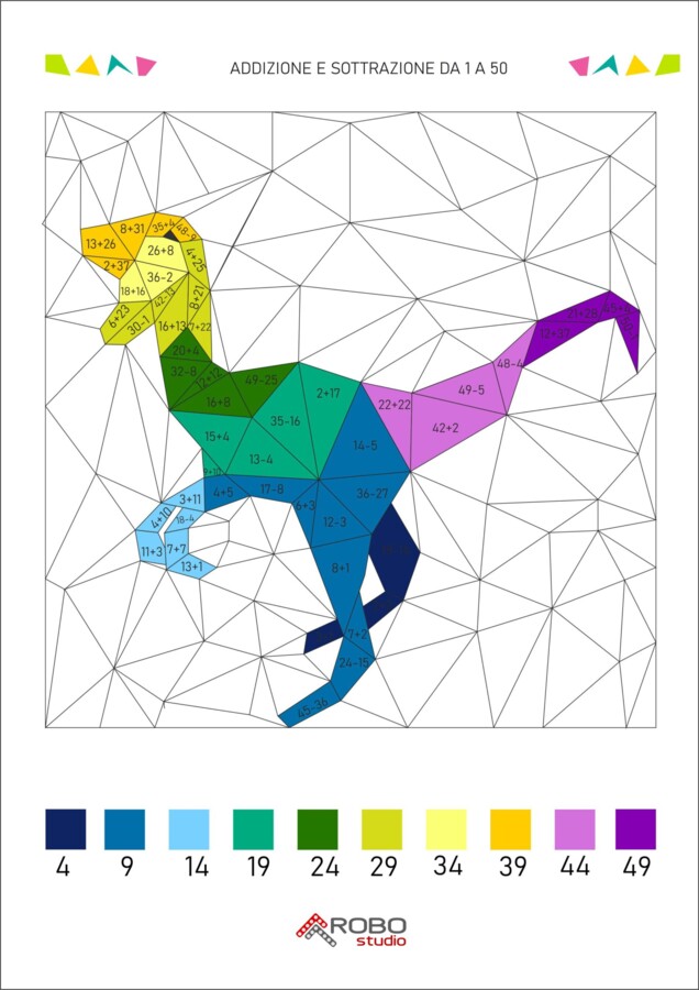 Colorazione matematica, addizione e sottrazione da 1 a 50, giornata dei dinosauri, preistoria, matematica e arte, calcola e colora